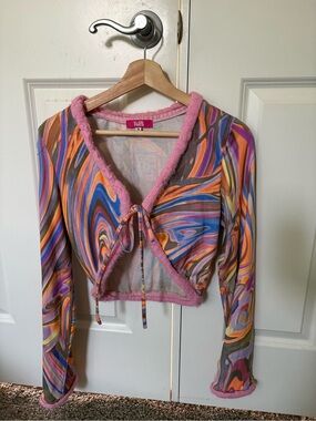 Elsie & Fred Pink Fur Trim Psychedelic Swirl Tie-Front Cardigan